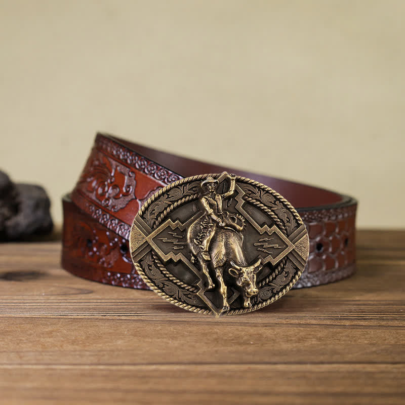 Ceinture en cuir à boucle pour homme avec motif de taureau rodéo