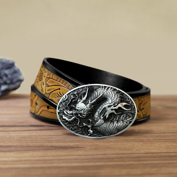 Ceinture en cuir à grande boucle pour homme avec dragon de feu