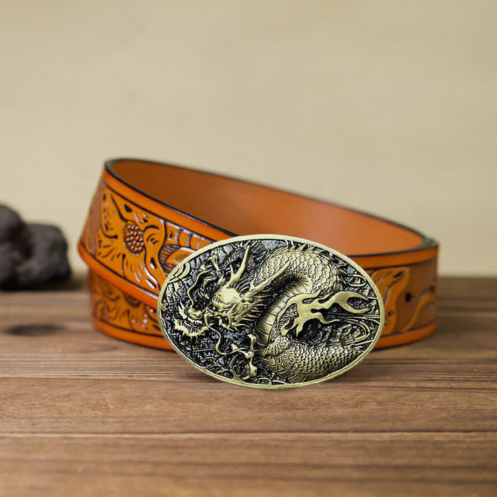 Ceinture en cuir à grande boucle pour homme avec dragon de feu