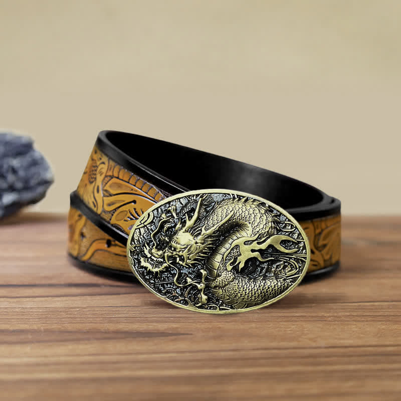 Ceinture en cuir à grande boucle pour homme avec dragon de feu
