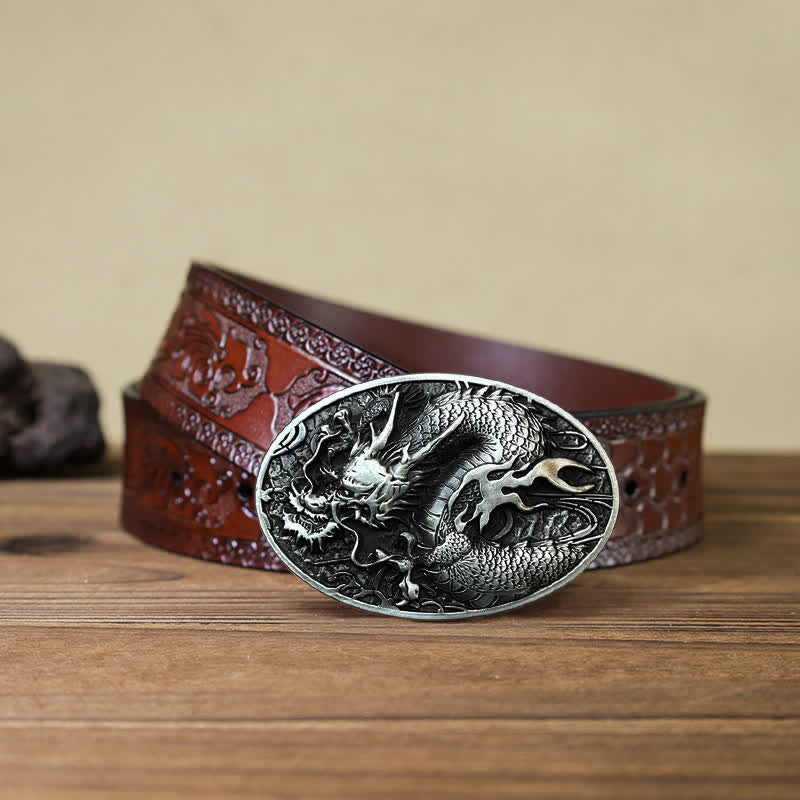 Ceinture en cuir à grande boucle pour homme avec dragon de feu