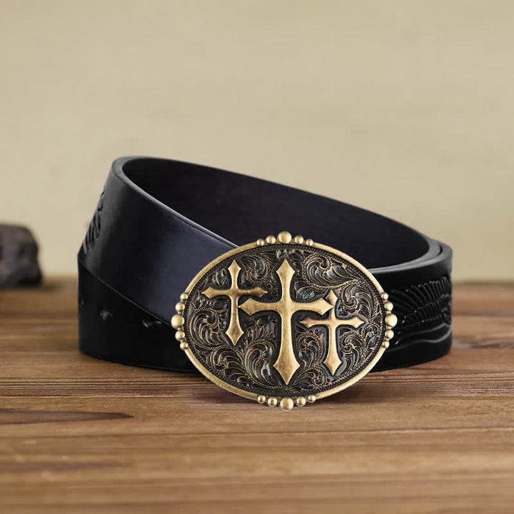 Ceinture en cuir à boucle pour homme avec motif à trois croix