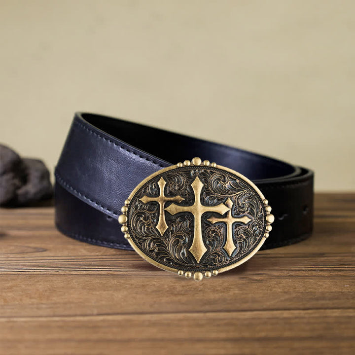 Ceinture en cuir à boucle pour homme avec motif à trois croix