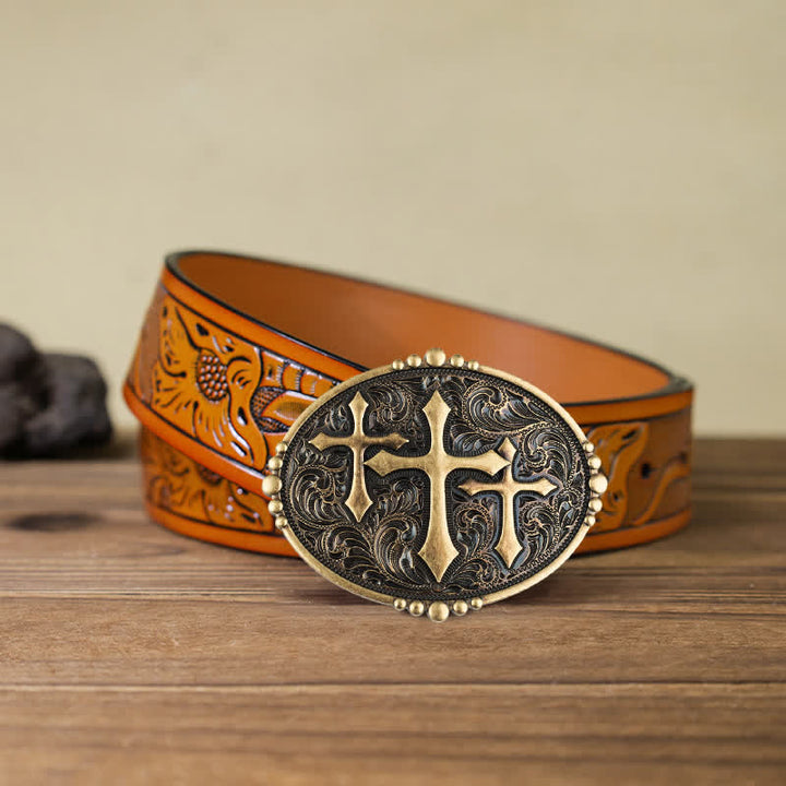 Ceinture en cuir à boucle pour homme avec motif à trois croix