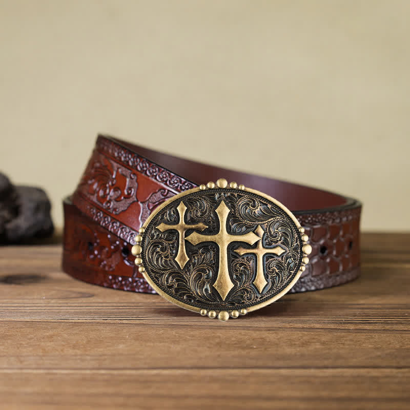 Ceinture en cuir à boucle pour homme avec motif à trois croix