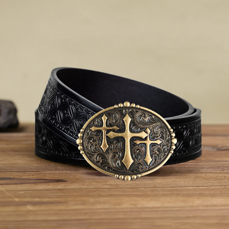 Ceinture en cuir à boucle pour homme avec motif à trois croix