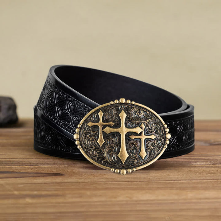 Ceinture en cuir à boucle pour homme avec motif à trois croix