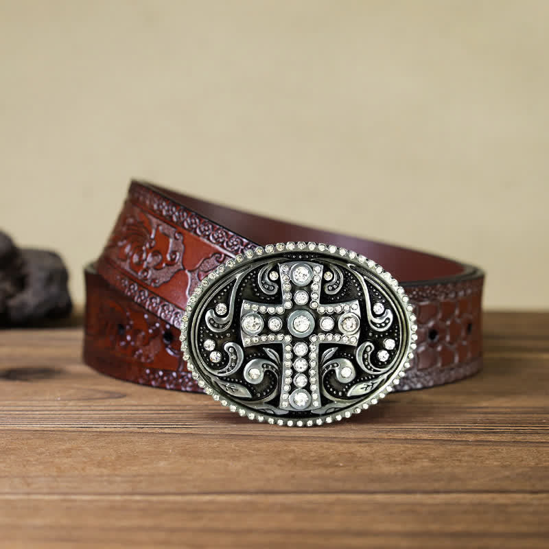 Ceinture en cuir à boucle croisée en strass cristal pour homme