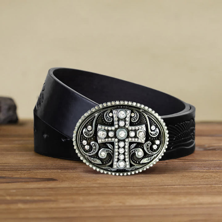 Ceinture en cuir à boucle croisée en strass cristal pour homme