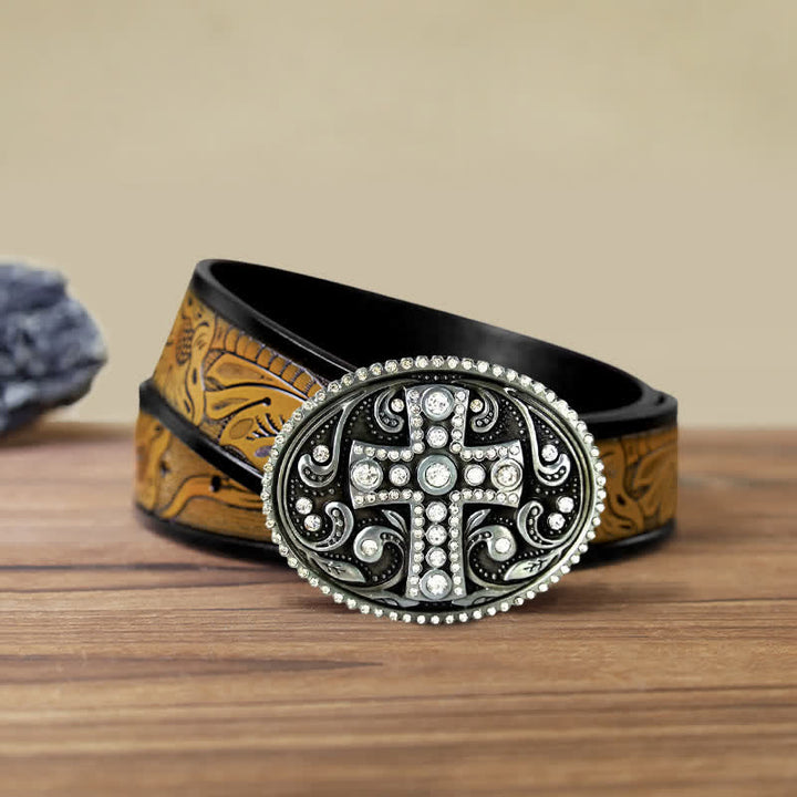 Ceinture en cuir à boucle croisée en strass cristal pour homme