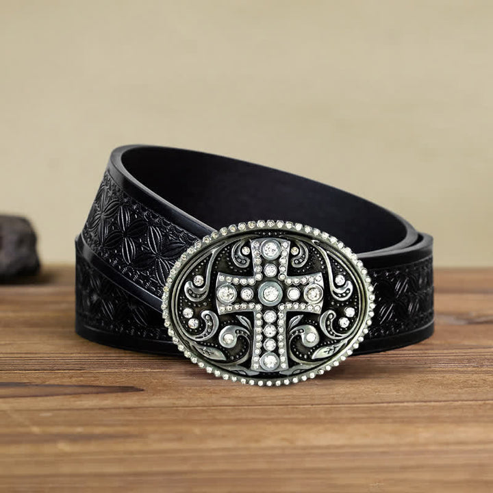 Ceinture en cuir à boucle croisée en strass cristal pour homme
