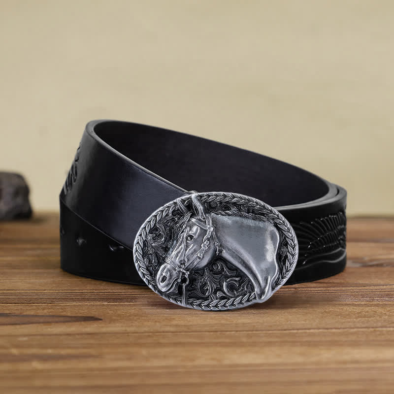 Ceinture en cuir à boucle gravée pour homme avec tête de cheval