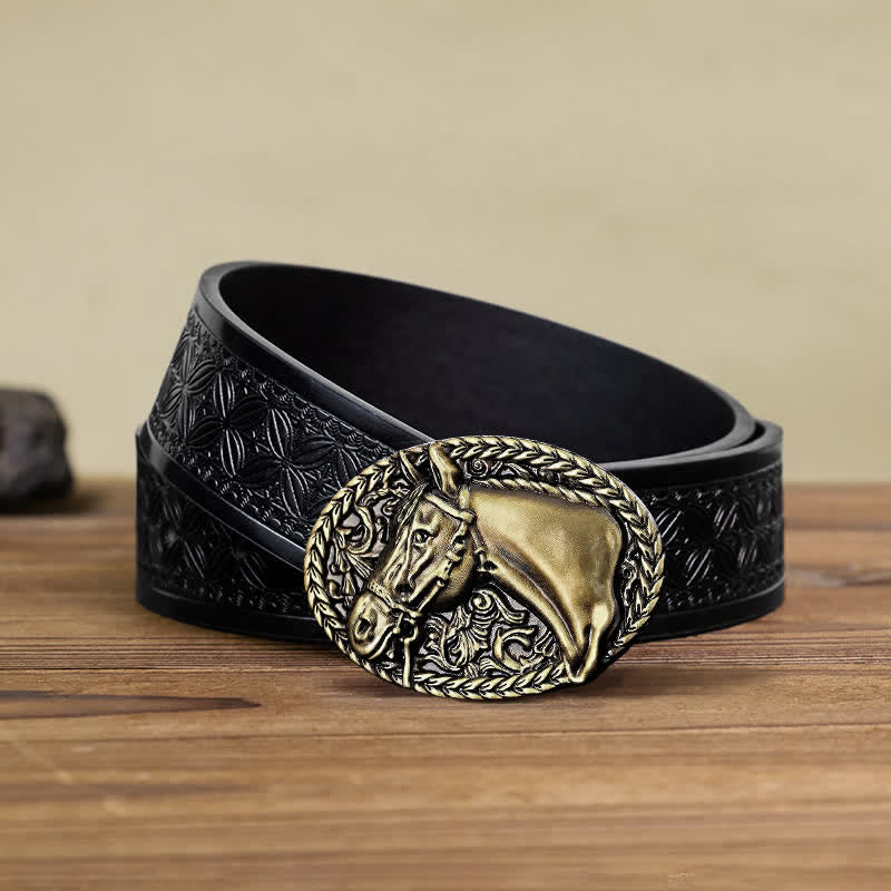 Ceinture en cuir à boucle gravée pour homme avec tête de cheval