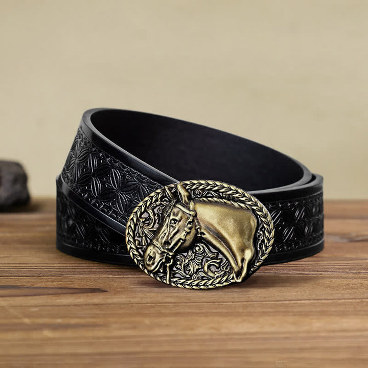 Ceinture en cuir à boucle gravée pour homme avec tête de cheval