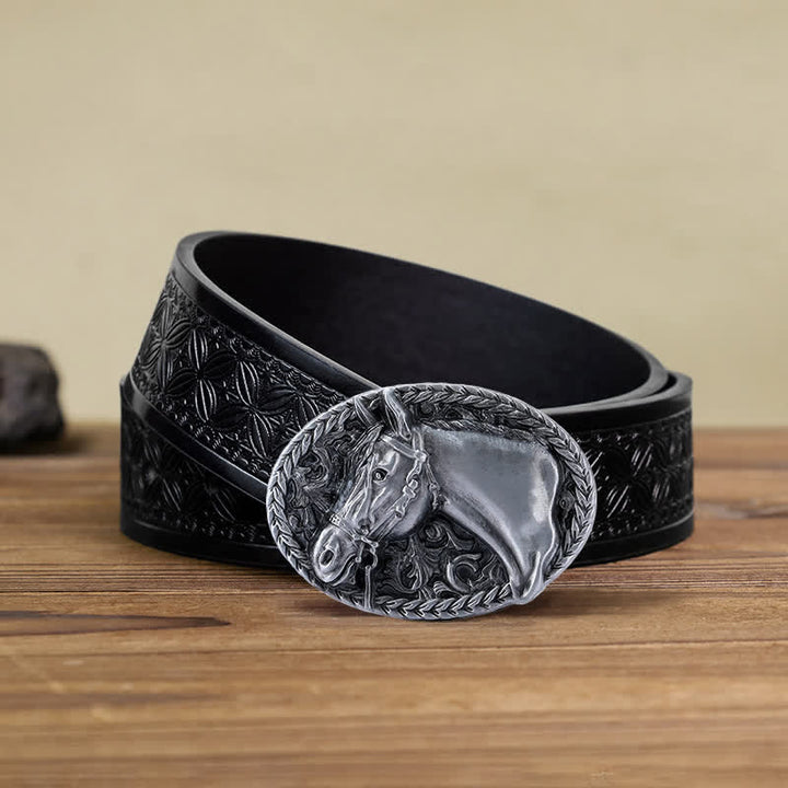 Ceinture en cuir à boucle gravée pour homme avec tête de cheval