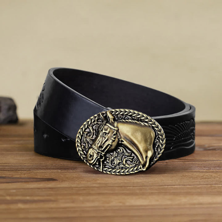 Ceinture en cuir à boucle gravée pour homme avec tête de cheval