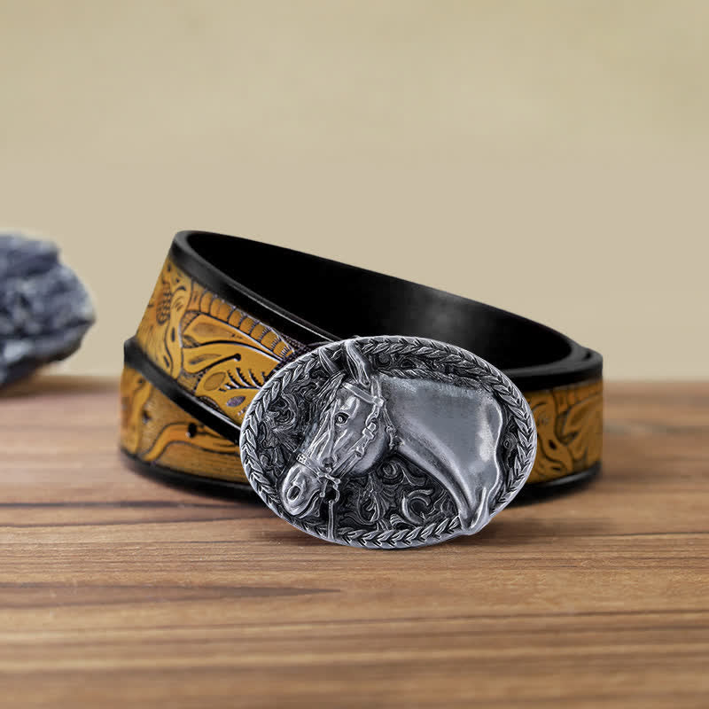 Ceinture en cuir à boucle gravée pour homme avec tête de cheval