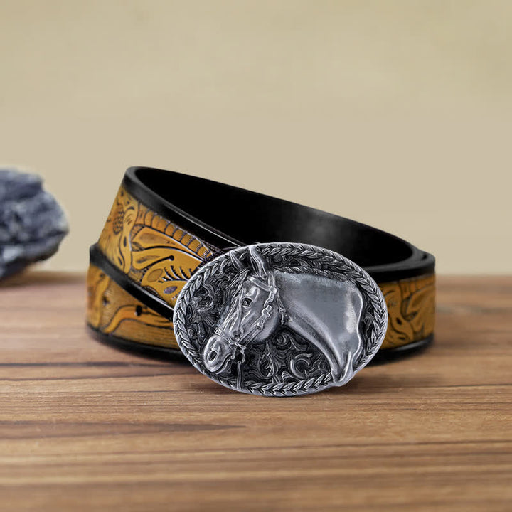 Ceinture en cuir à boucle gravée pour homme avec tête de cheval