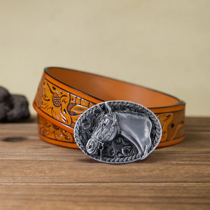 Ceinture en cuir à boucle gravée pour homme avec tête de cheval