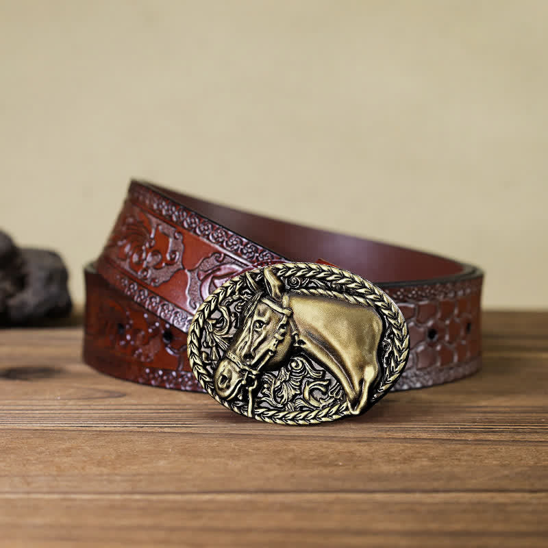 Ceinture en cuir à boucle gravée pour homme avec tête de cheval