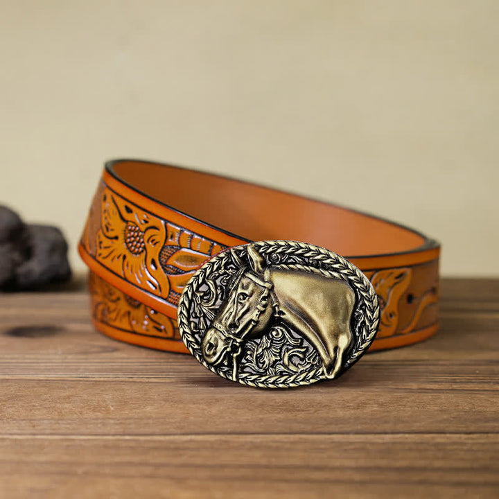 Ceinture en cuir à boucle gravée pour homme avec tête de cheval