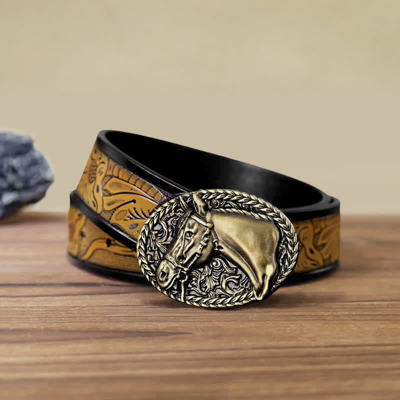 Ceinture en cuir à boucle gravée pour homme avec tête de cheval