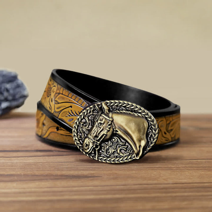 Ceinture en cuir à boucle gravée pour homme avec tête de cheval