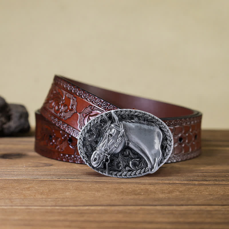 Ceinture en cuir à boucle gravée pour homme avec tête de cheval