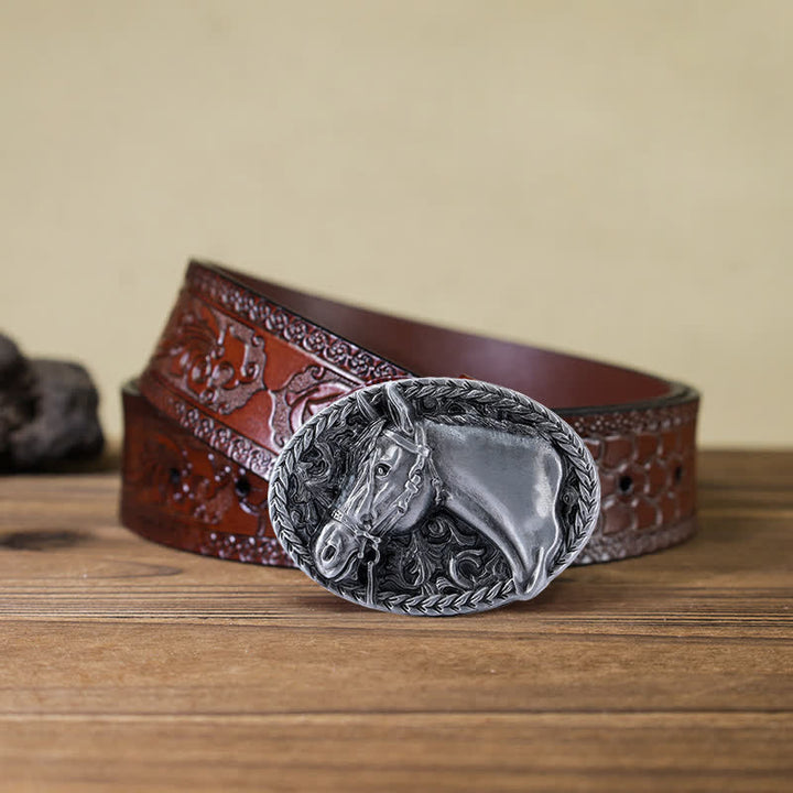 Ceinture en cuir à boucle gravée pour homme avec tête de cheval