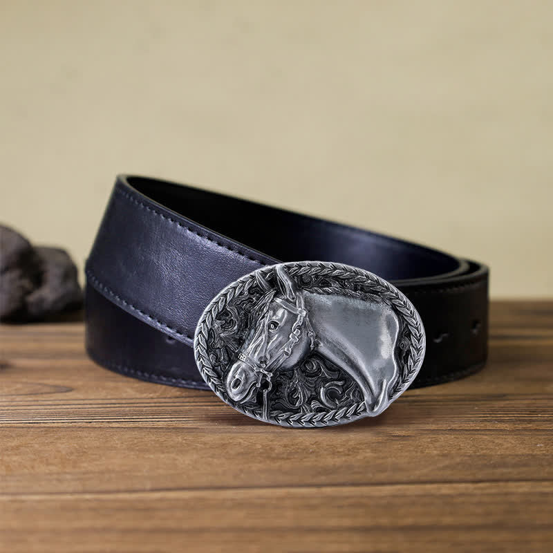 Ceinture en cuir à boucle gravée pour homme avec tête de cheval