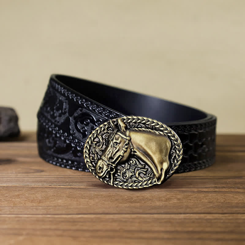 Ceinture en cuir à boucle gravée pour homme avec tête de cheval