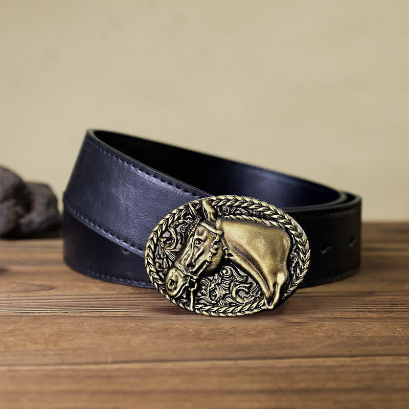 Ceinture en cuir à boucle gravée pour homme avec tête de cheval