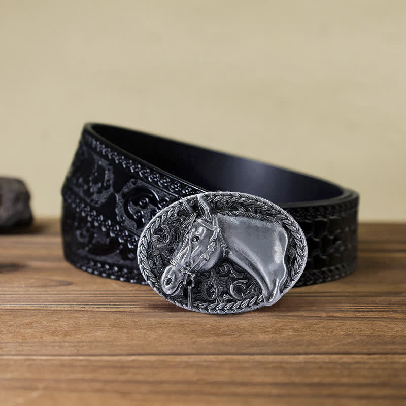 Ceinture en cuir à boucle gravée pour homme avec tête de cheval