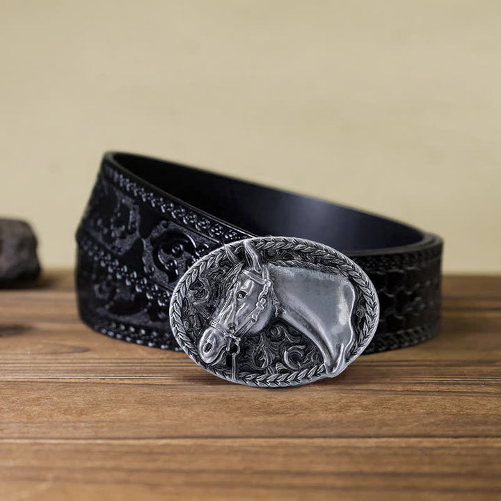 Ceinture en cuir à boucle gravée pour homme avec tête de cheval