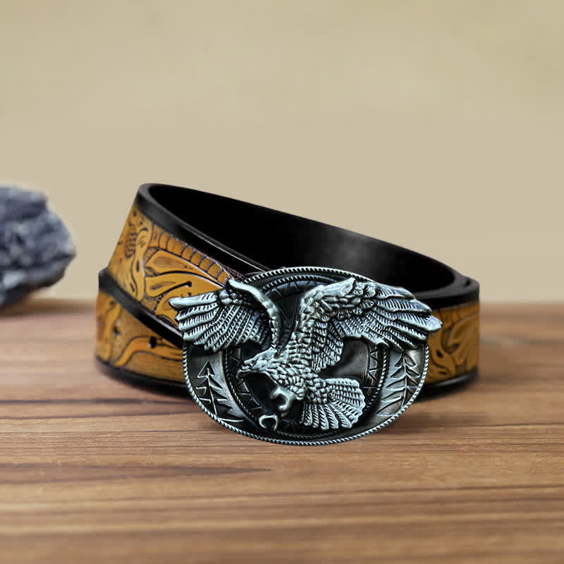 Ceinture en cuir à boucle pour homme avec motif aigle à tête blanche volante