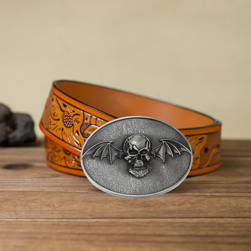 Ceinture en cuir à boucle tête de mort et ailes de chauve-souris punk pour homme