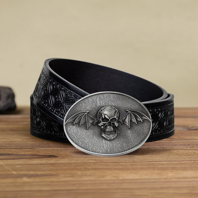 Ceinture en cuir à boucle tête de mort et ailes de chauve-souris punk pour homme