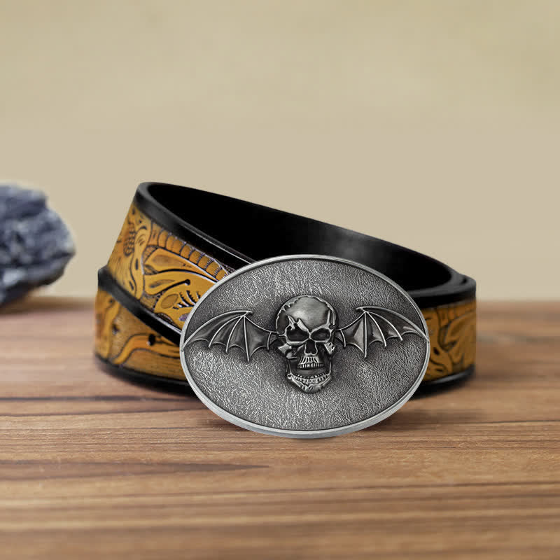 Ceinture en cuir à boucle tête de mort et ailes de chauve-souris punk pour homme