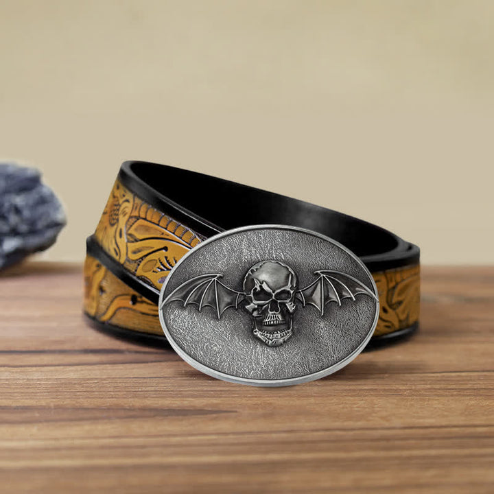 Ceinture en cuir à boucle tête de mort et ailes de chauve-souris punk pour homme