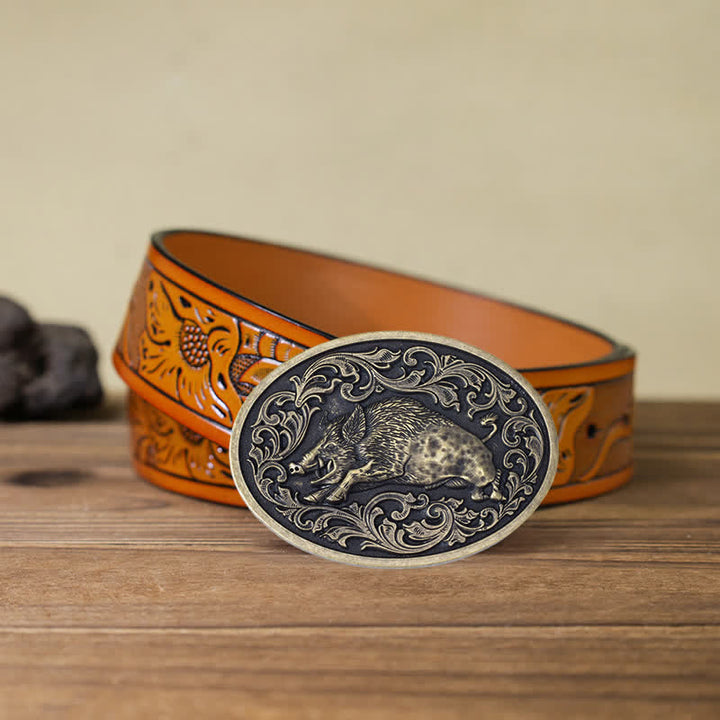 Ceinture en cuir à boucle fantaisie pour homme avec motif sanglier