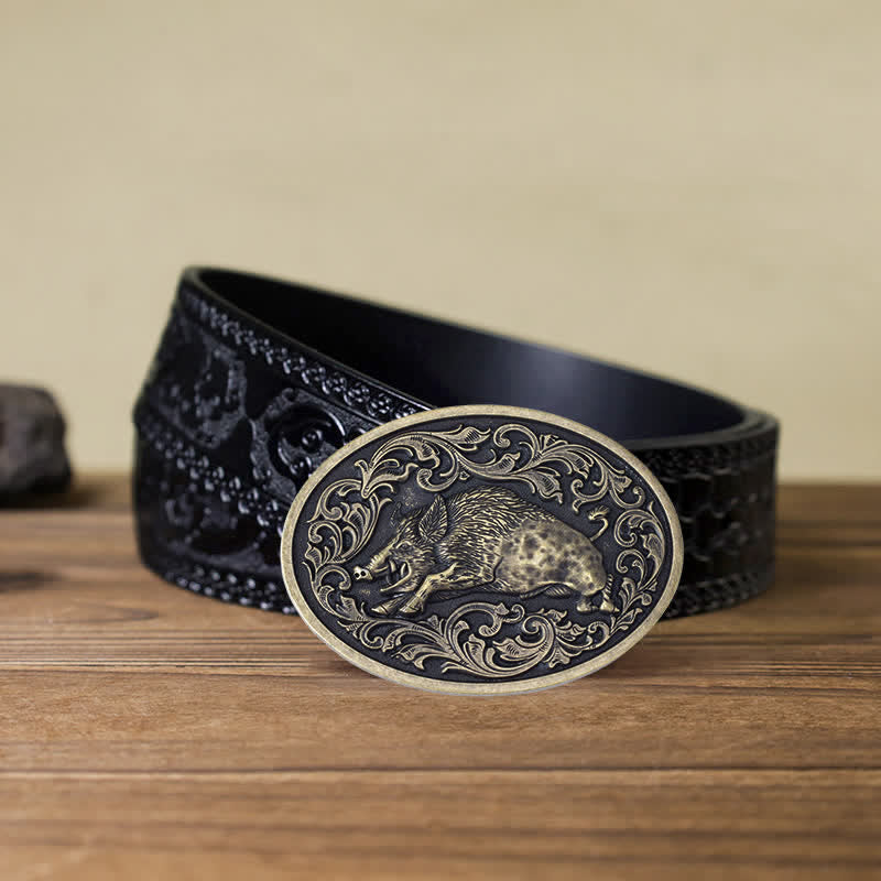 Ceinture en cuir à boucle fantaisie pour homme avec motif sanglier
