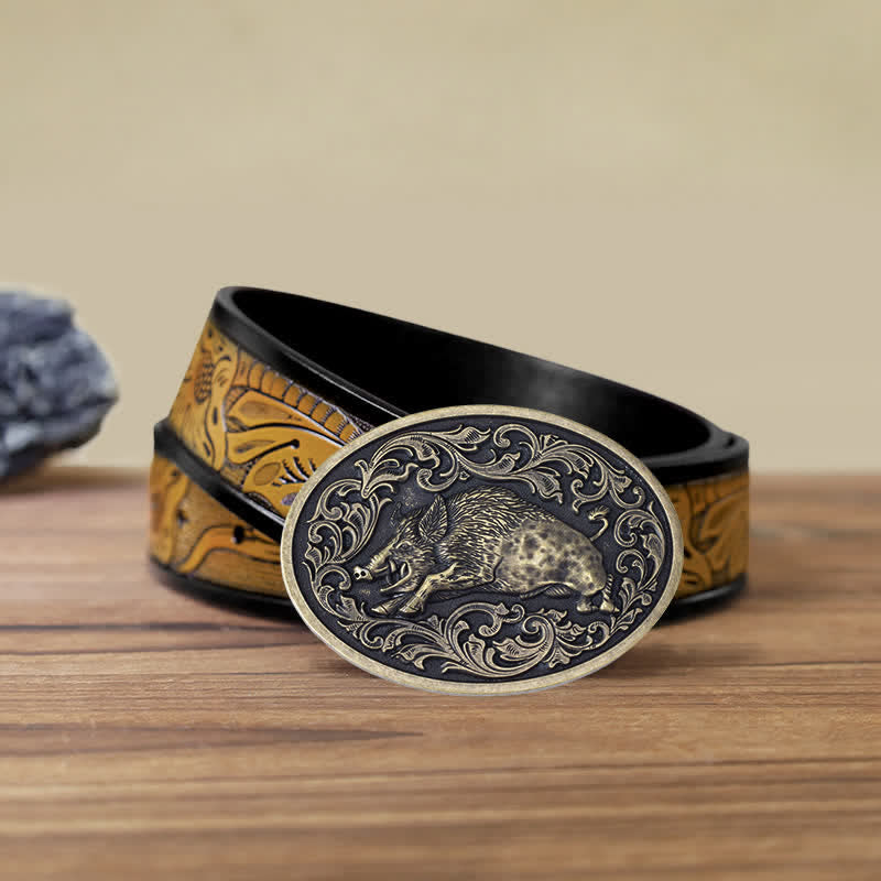Ceinture en cuir à boucle fantaisie pour homme avec motif sanglier