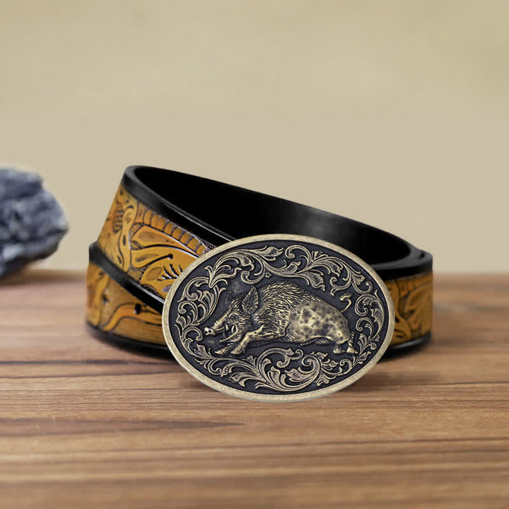 Ceinture en cuir à boucle fantaisie pour homme avec motif sanglier