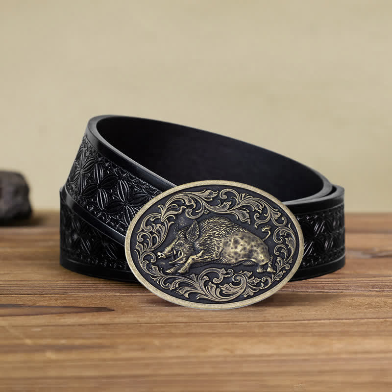 Ceinture en cuir à boucle fantaisie pour homme avec motif sanglier