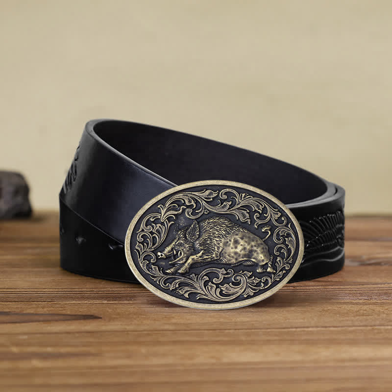 Ceinture en cuir à boucle fantaisie pour homme avec motif sanglier