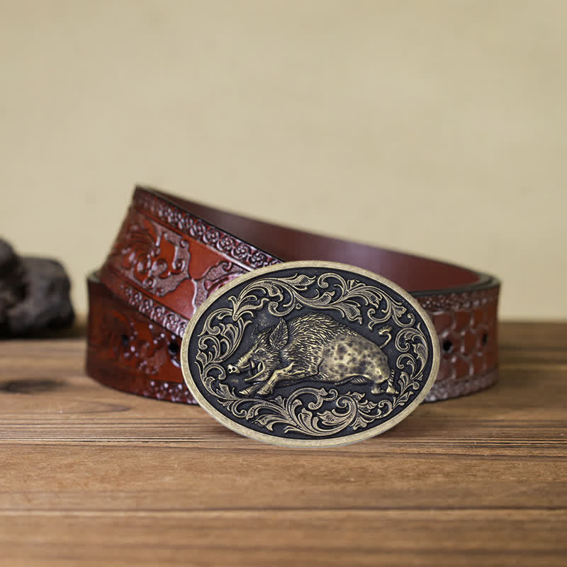 Ceinture en cuir à boucle fantaisie pour homme avec motif sanglier