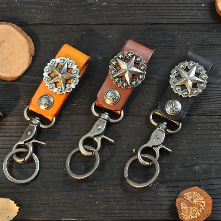 Porte-clés en cuir de vachette avec badge Lone Star