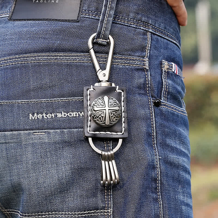 Porte-clés en cuir polyvalent fait main en forme de croix rétro