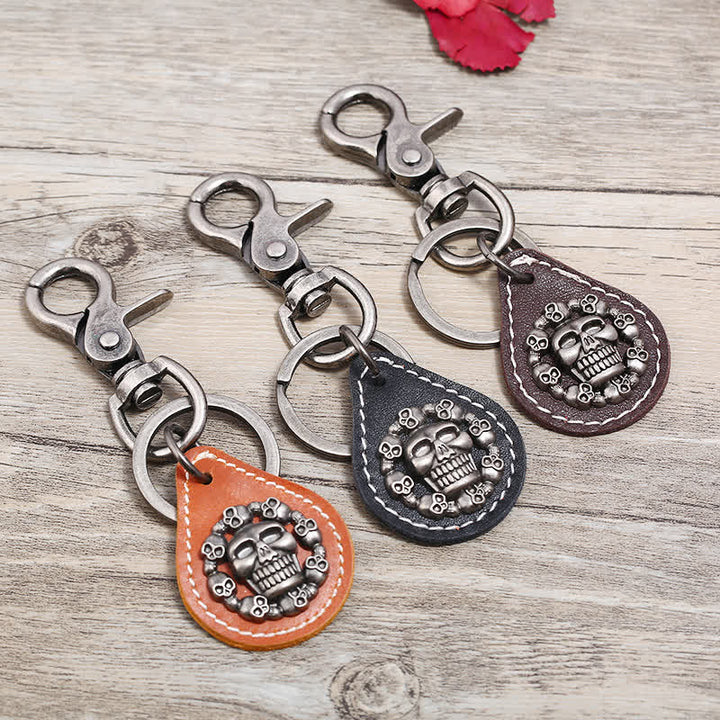 Porte-clés en cuir avec pendentif tête de squelette punk