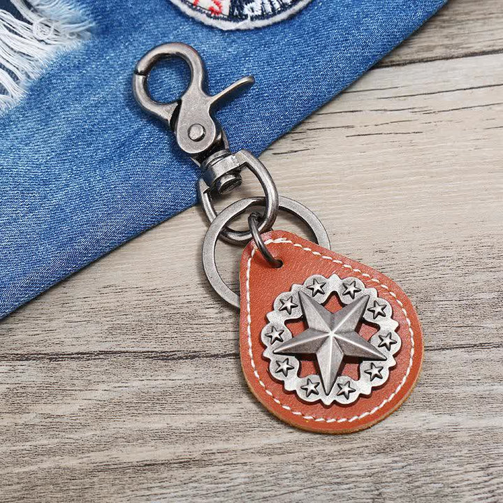 Porte-clés en cuir avec pendentif médaillon Lone Star